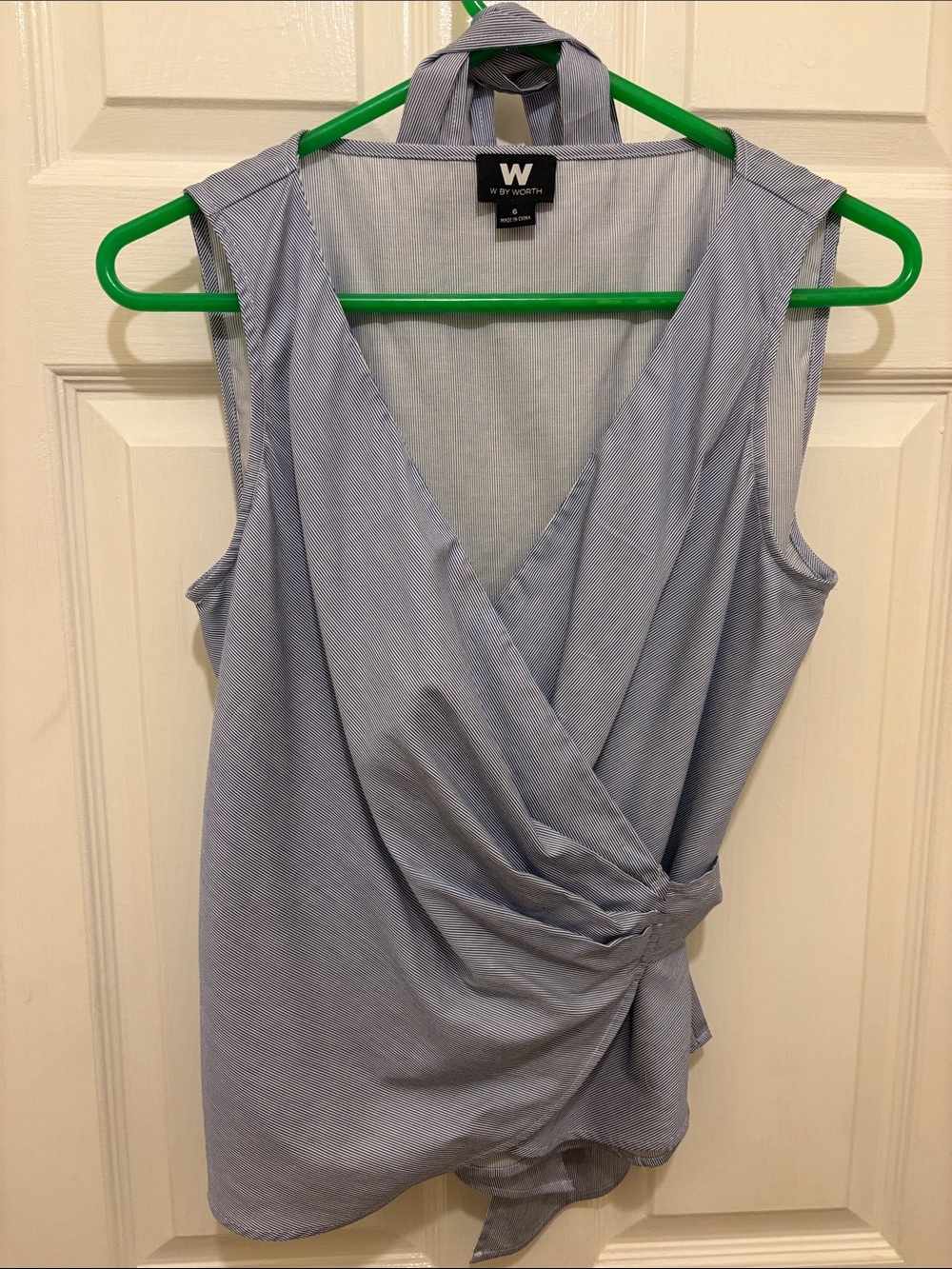 W by Worth Light Blue and White Striped Wrap Tie Sleeveless Blouse